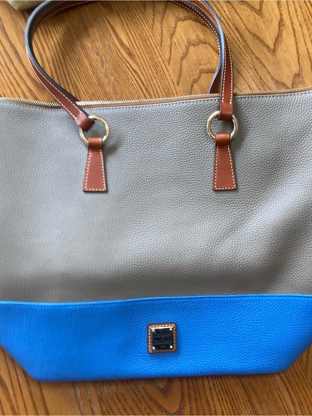 Dooney & Bourke Gray and Bright Blue Pebble Leather Tote with Brown Handles - Picture 3 of 10